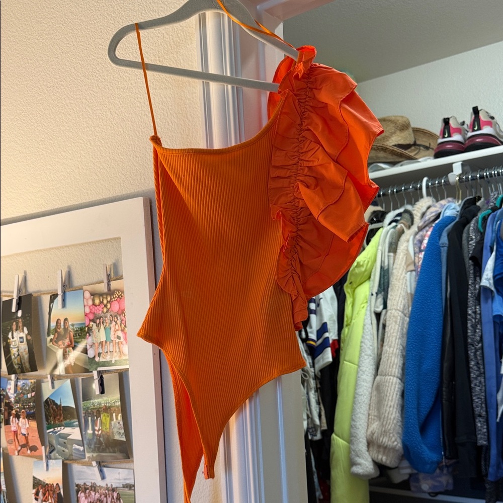 Orange Ruffled One-Shoulder Bodysuit